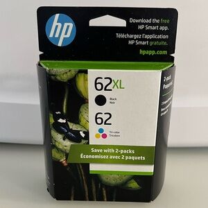 HP 62 XL ink cartridges. High-yield black & tri-color. Pack of 2. Never opened.
